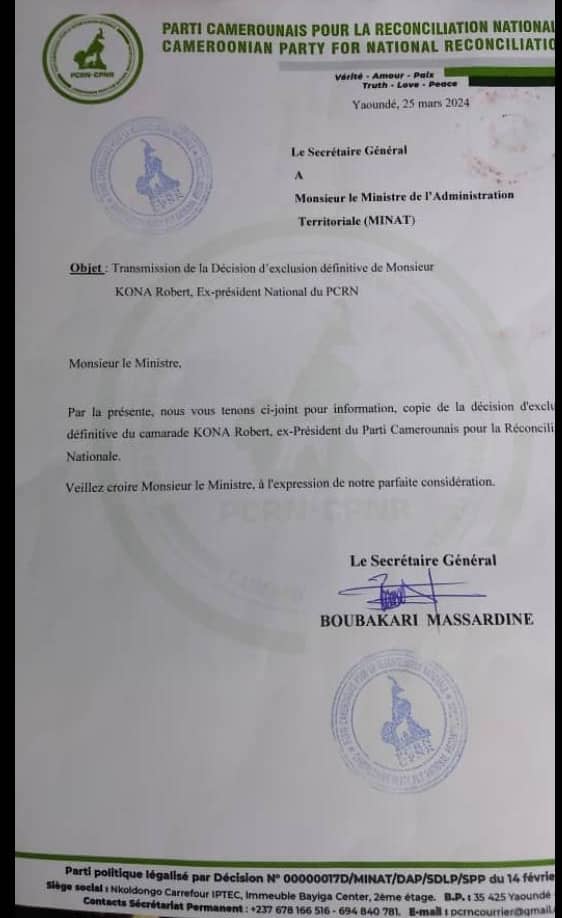 jtchoufang's tweet photo. Trois (3) lettres publiées en l'espace de 4 jours, dont :
🔹la première datée du 25/03/2024, écrite par le SG du #PCRN à l'attention du #MINATD, pour l'informer de l'exclusion de R #Kona,
🔹la réponse du #MINATD le 27/03, refusant de prendre acte...
Source: @BerthierAce https://t.co/R19csjco3c