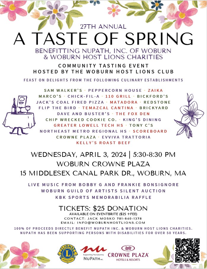 The @WoburnHostLions & @NuPathInc are both incredibly valuable organizations that serve our community! And, have you seen the list of participants for A Taste of Spring?! YUM! We hope to see you there next Wednesday! eventbrite.com/e/a-taste-of-s…