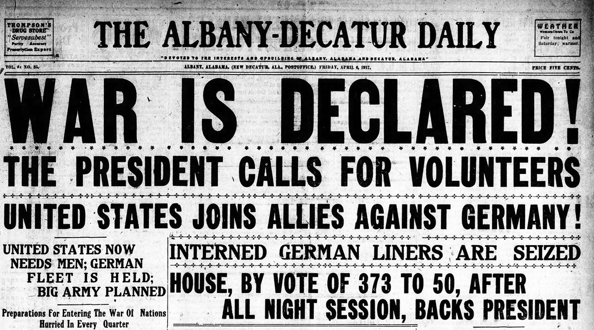 #OTD in #History, 1917, #POTUS Wilson asked #Congress for war vs Germany: “Neutrality is no longer feasible...where the #peace of the world is involved & the freedom of its peoples.” 4 days later, Congress voted to enter #WW1 & strive toward making the world “safe for democracy.”