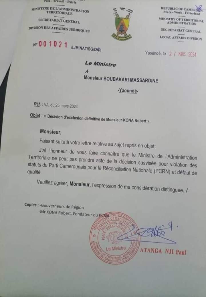 jtchoufang's tweet photo. Trois (3) lettres publiées en l'espace de 4 jours, dont :
🔹la première datée du 25/03/2024, écrite par le SG du #PCRN à l'attention du #MINATD, pour l'informer de l'exclusion de R #Kona,
🔹la réponse du #MINATD le 27/03, refusant de prendre acte...
Source: @BerthierAce https://t.co/R19csjco3c