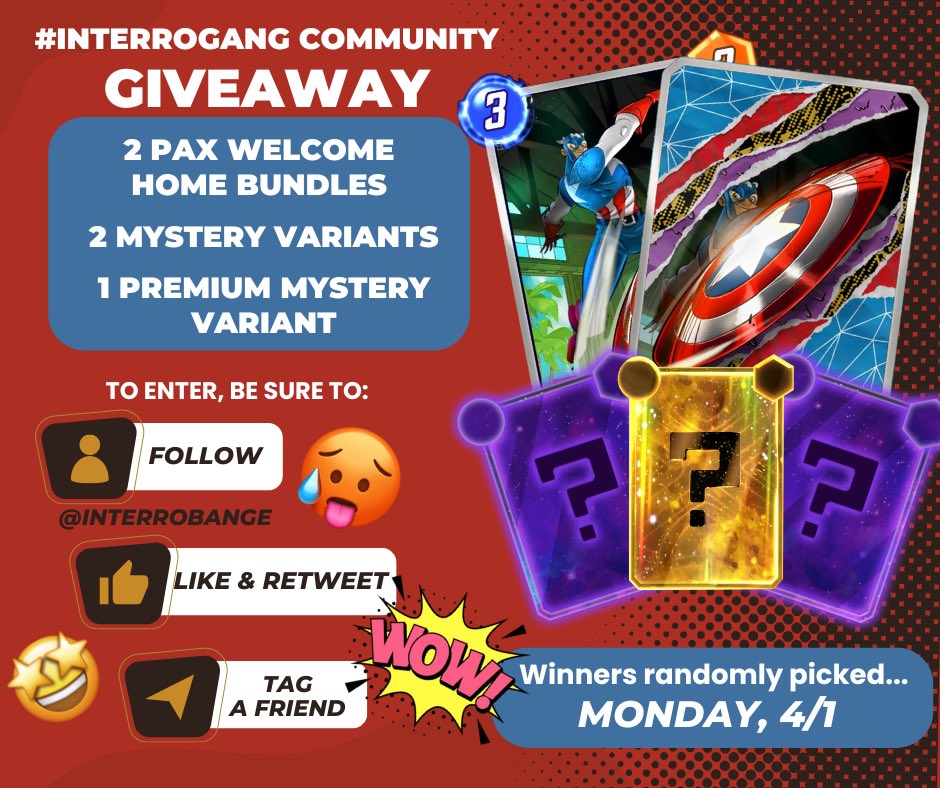 Thanking the interroGANG with a HUGE GIVEAWAY 🙌

Prizes ⤵️
🛡️ 2x Pax Bundles
🎁 2x Mystery Variants
🤩 1x Premium Mystery Variant

5 lucky winners will be picked to win ONE prize from above 🤯

To enter:
✅ FOLLOW ME
✅ LIKE + RETWEET
✅ TAG a FRIEND

Winners picked 4/1 ⁉️