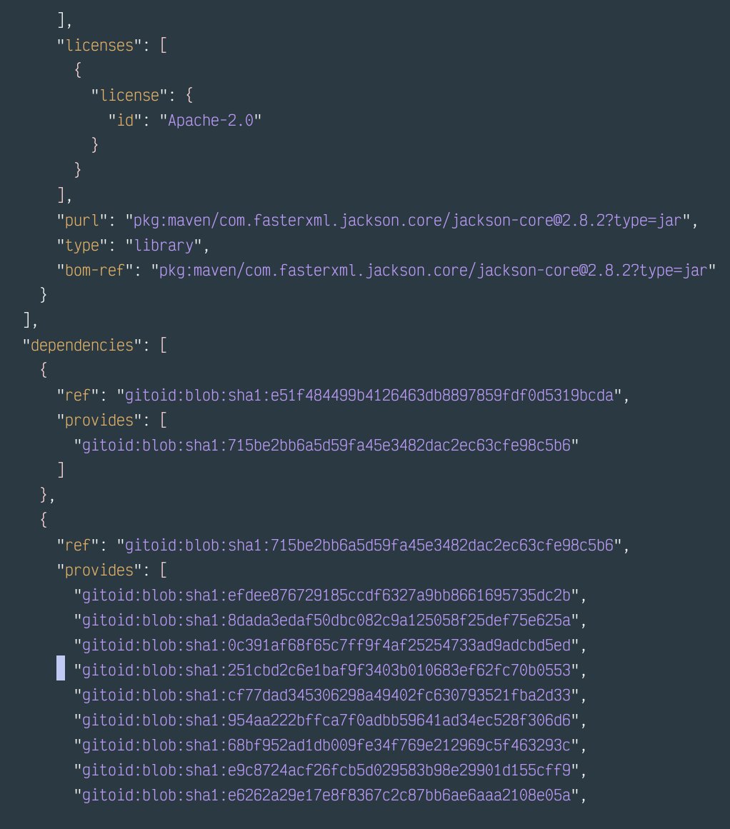 Just a screenshot of an #SBOM generated by #cdxgen with the @OmniBOR Artifact Dependency Graph along with purl and other goodies. #comingsoon