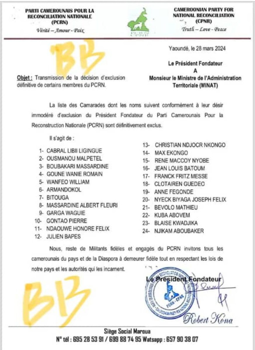 jtchoufang's tweet photo. 🔹et la 3e correspondance établie par R #KONA le 28/03/2024 à l'attention du #MINATD, en mode transmission comme la 1ère, mais pour informer de l'exclusion de 24 membres du #PCRN, dont le président national #LIBII...
Il dit exclure ceux qui ont voulu l'exclure... https://t.co/r3IlLG8g4I