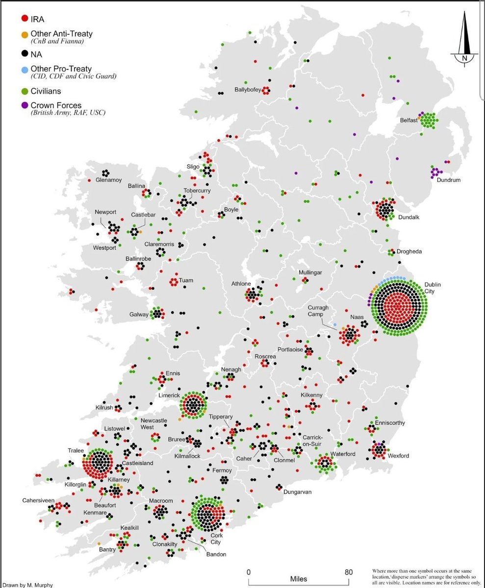 Fascinating new map from the Irish Civil War Fatalities Project indicates that third highest number of fatalities in 1922-3 was in #Tralee in #Kerry More here from the team @UCC Features article by @OwenOShea ucc.ie/en/theirishrev…