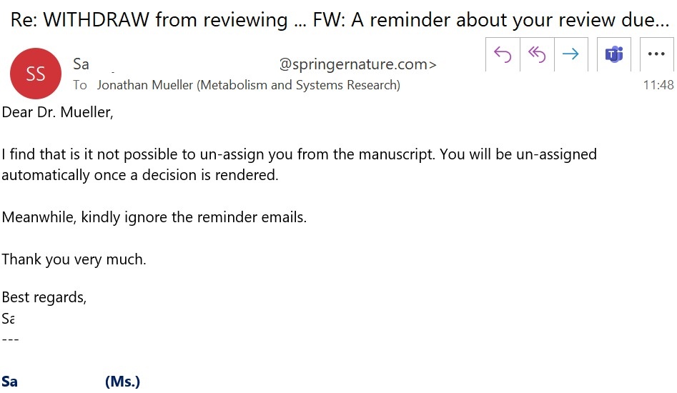A journal from within @SpringerNature tells me that it is NOT possible (technically?) to remove me from reviewing one of their papers, after I had spotted a conflict-of-interest... Predatory practices?