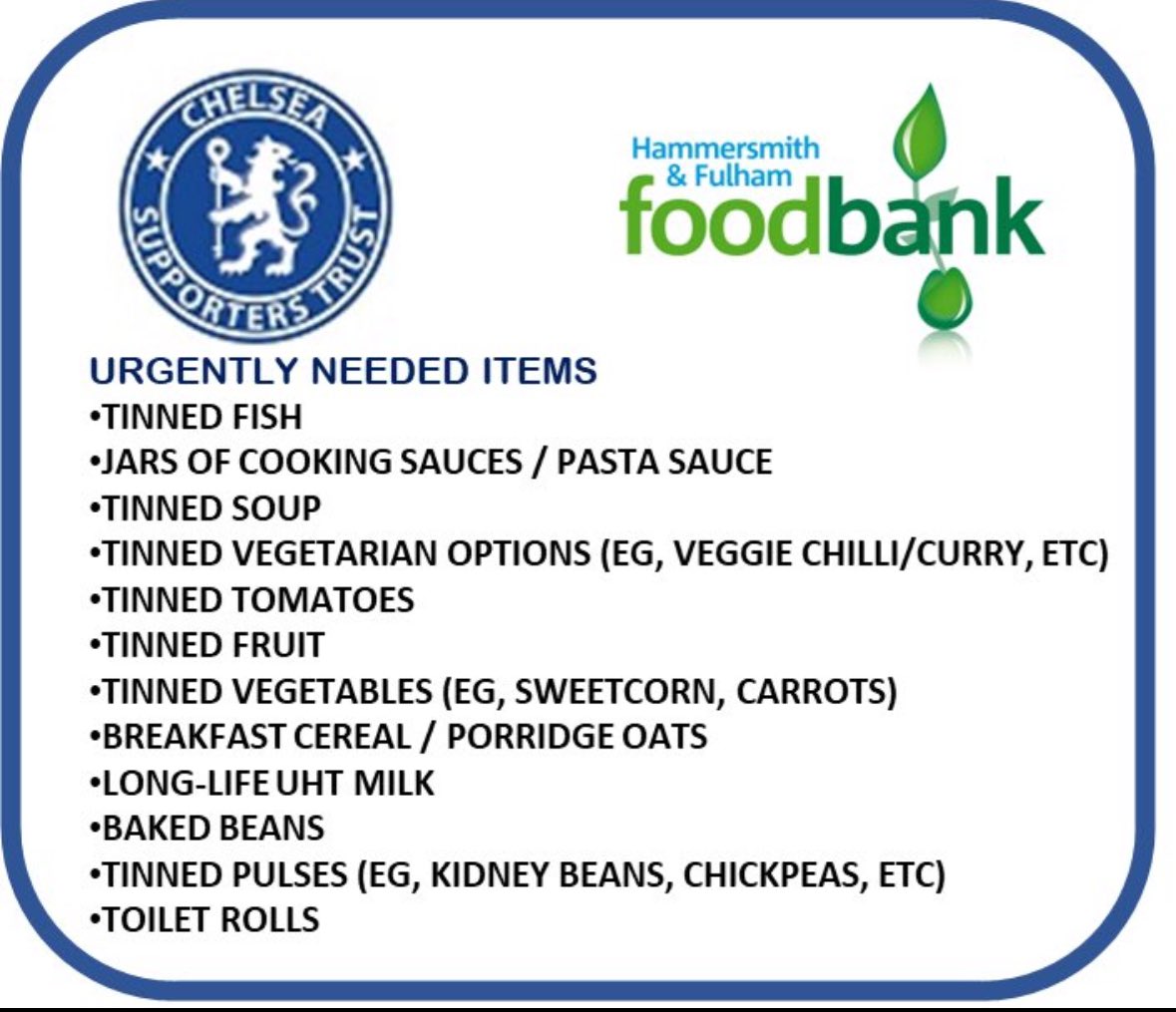 🚨 FOODBANK 🚨 The CST will be collecting again for the @hffoodbank before CFC v Burnley on Saturday! We are delighted to support our local community & would welcome any donations. 🗓️ Saturday 30 March ⏰ 13.00 – 14.30 📍 Outside the Stoll gates All donations welcome ✅