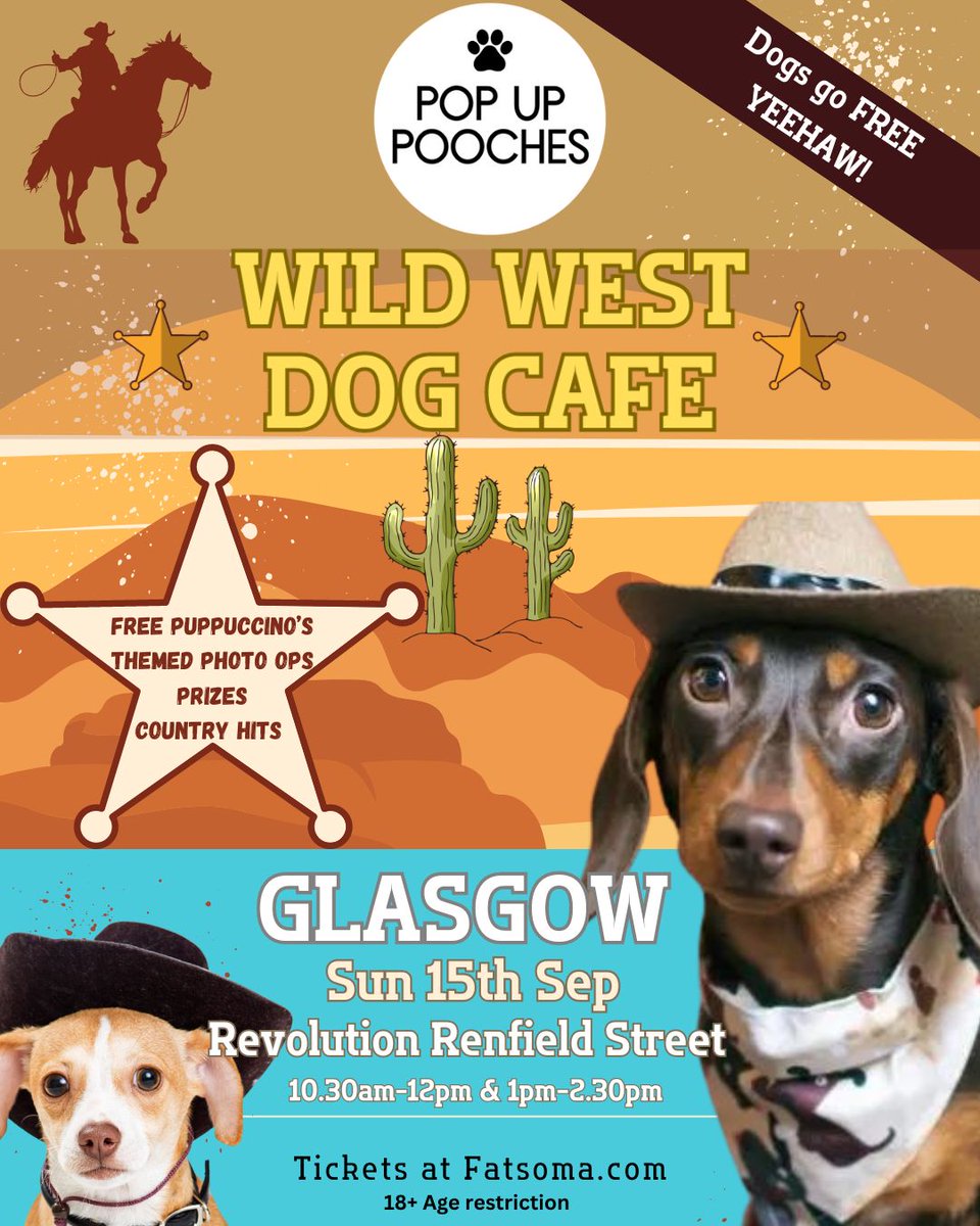 FusionFuncs's tweet image. 🤠 Dust off those paws and buckle up as the UKs first Wild West Popup Dog Cafe is rolling into Glasgow!
So humans what are you waiting for?? Grab your Tickets to give your Pooch a 'rootin tootin' day out! 🤠
>> fatso.ma/ZByt
Age restriction 18+
@WhatsOnGlasgow