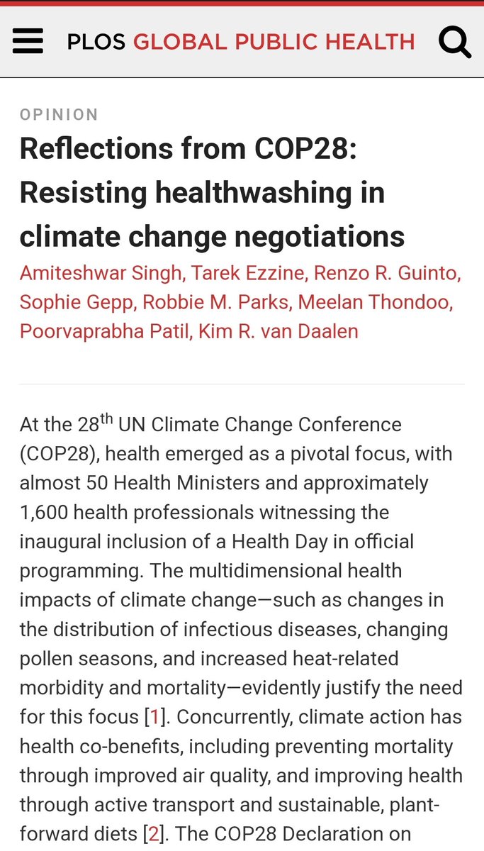 Delighted to share our latest article in @PLOSGPH. We delve into the complexities of #COP, spotlighting the pressing issue of #healthwashing in climate negotiations. Such an honour to have worked with this stellar team! Read our insights: journals.plos.org/globalpubliche… #PublicHealth