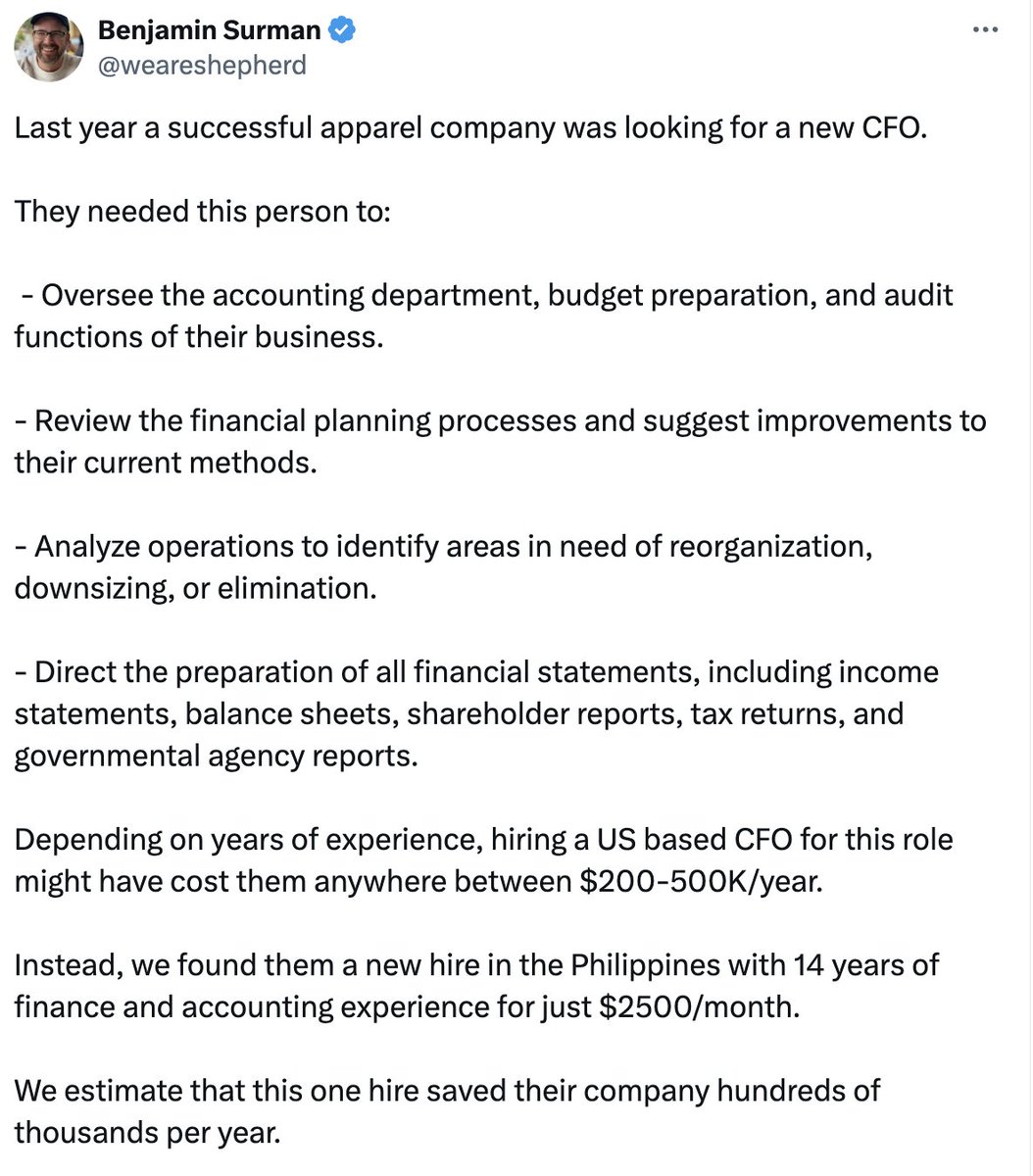 SaganPassport's tweet image. Here is the 35% "Headhunter Math" that you'll be charged for someone like the below.
- $2,500/m salary, Philippines
- $30,000 annual salary
- Headhunter Fee is 35% of annual salary = $10,500 in fees
Our annual membership is $10,800 - and includes 6 hires like Chris
