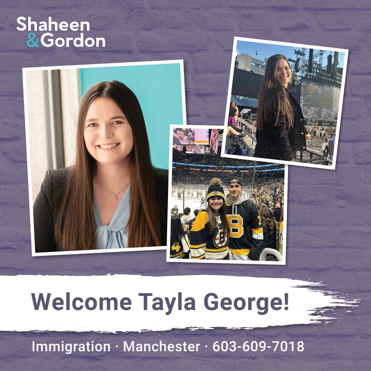 Join us in welcoming Attorney Tayla George to the S&amp;G family! ​Tayla is the newest member of our Immigration practice, and also a self-proclaimed Swiftie and die-hard Bruins fan. 

Is Tayla the #AttorneyForYou? Learn more: 
shaheengordon.com/attorneys/tayl…