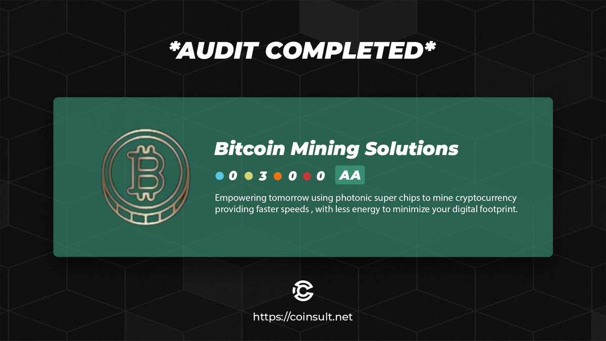 CoinsultAudits's tweet photo. 🔒 AUDIT COMPLETED FOR BITCOIN MINING SOLUTIONS

🎁 GIVEAWAY: $20 (48 hours)

1⃣ Follow @bitminingsol & @CoinsultAudits 
2⃣ Like + RT this tweet
3⃣ Place a comment 💬

Go check out the full project page of Bitcoin Mining Solutions 👇
https://t.co/MWzFJBt1PW

#giveaway #audit #cryptoaudit #bitcoin