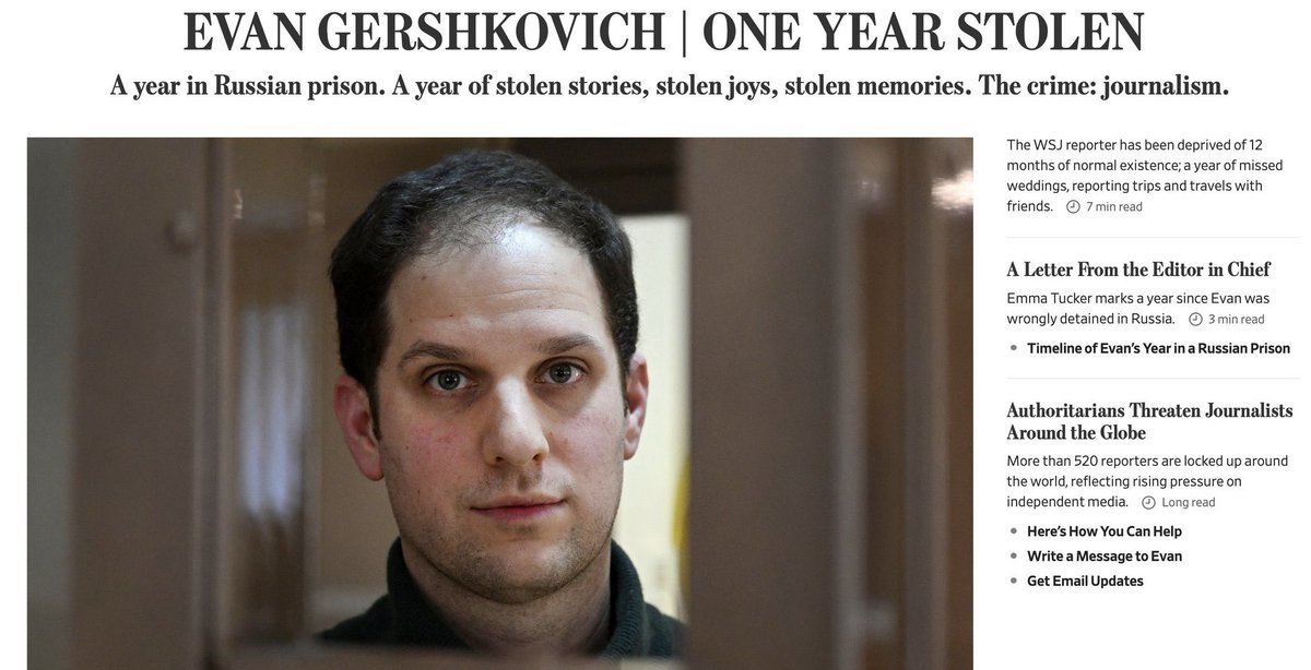 Evan Gershkovich has been in a Russian prison for a year. Journalism is not a crime. #IStandWithEvan