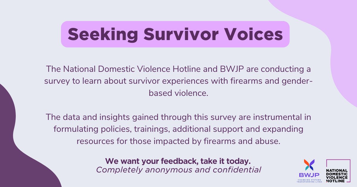 The Hotline (@NDVH) and @BatteredWomenJP have partnered to conduct a survey to learn more about survivor experiences with firearms & gender-based violence. This survey is important to help develop policies & resources for survivors. Take the survey today: bit.ly/3VqElVb
