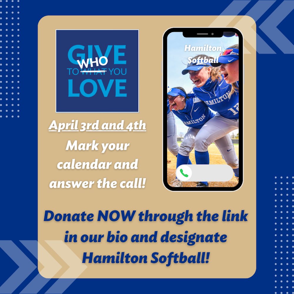 Give to Who You Love 2024!! 💙 Mark your calendars for April 3rd and 4th and donate to what you love!! All donations to Hamilton Softball will go directly to improving our program! You can start donating NOW through the link in our bio! #Ownit #PlayGreen #LetsGoBlue