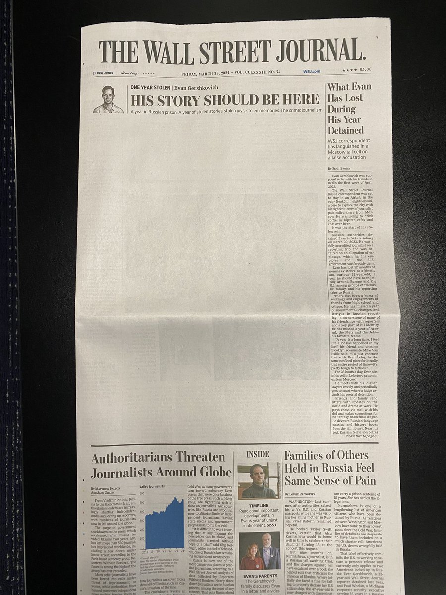 Today marks one year since Russian authorities detained @WSJ reporter Evan Gershkovich. Check out the paper’s front page today. He was just doing his job as a journalist and should be freed. #IStandWithEvan