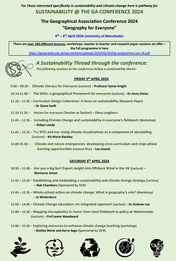 For those of you coming to the #GAConf24 there are a huge number of fantastic sessions to choose from on the full programme. If you are interested in sustainability - this thread might help you identify some particularly pertinent sessions <a href="/The_GA/">Geographical Association</a> #sustainability <a href="/OCR_Geography/">OCR Geography</a>