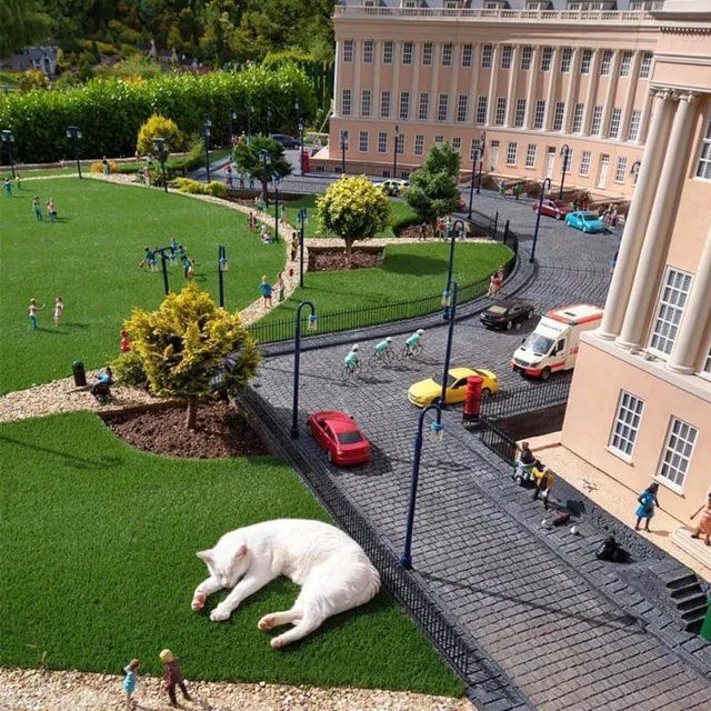 Just a cat napping in a model village