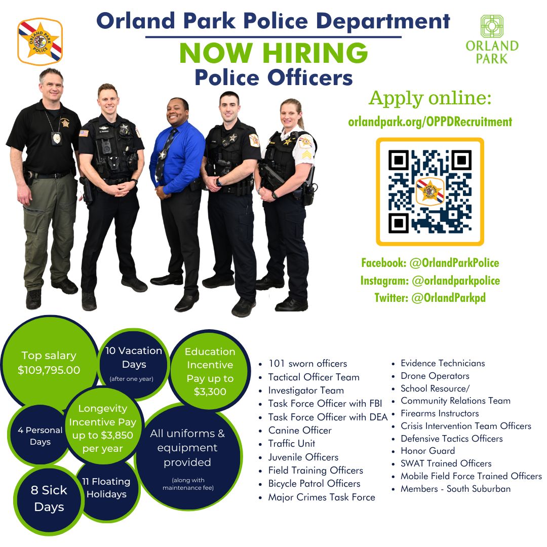 The Orland Park Police Department is accepting applications for police officers! Apply online to be eligible for testing, the application deadline is 5 p.m. on April 8. Find out more at orlandpark.org/oppdrecruitment #orlandpark #police #testing #hiring