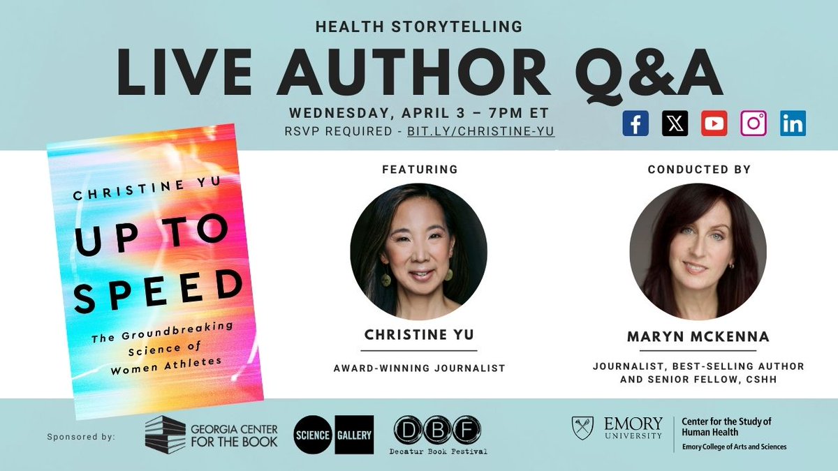 Put this on next week's calendar! I'll interview @cyu888 at 7pm ET Weds 3 April about her great book UP TO SPEED: THE GROUNDBREAKING SCIENCE OF WOMEN ATHLETES. Part of @EmoryCSHH's Health Storytelling series. Get the livestream links with an RSVP here: humanhealth.emory.edu/events/living-…