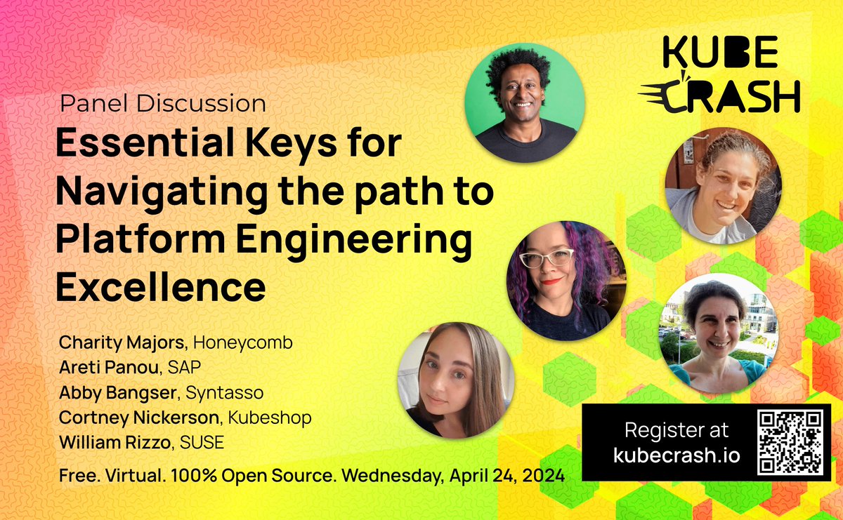 Don’t miss this panel discussion: Essential Keys for Navigating the Path to Platform Engineering Excellence with @mipsytipsy (@honeycombio), @unremarkableQA (@SAP), @a_bangser (@syntasso ), @TechTalkingMom (@thekubeshop ), @WilliamRizzo19 (@SUSE )! 👉kubecrash.io