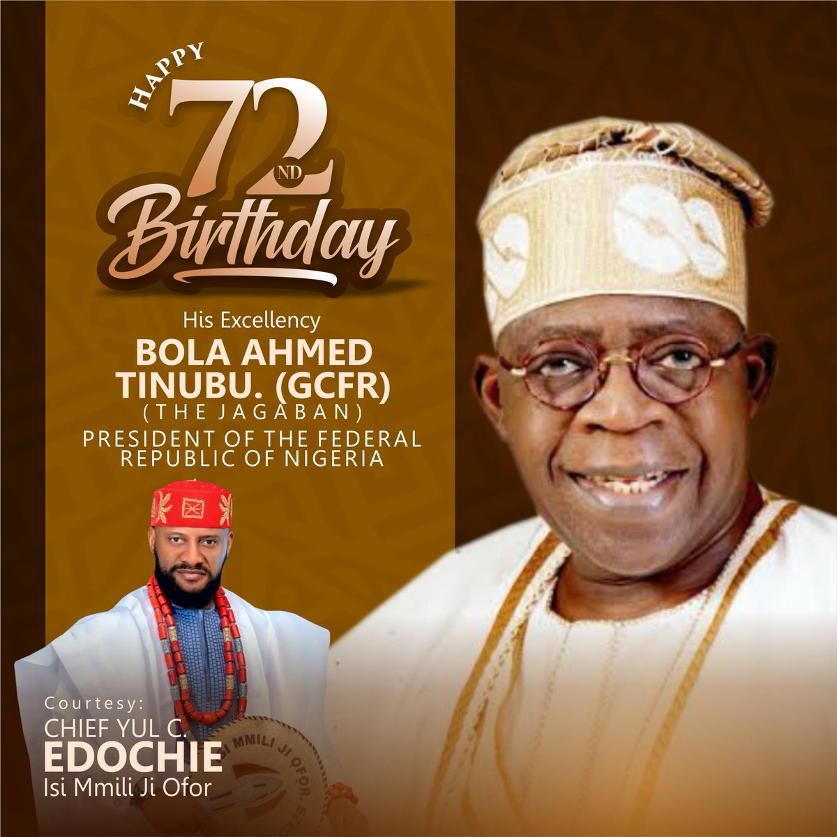 Happy 72nd birthday to His Excellency, President Bola Ahmed Tinubu (GCFR). @officialABAT The Jagaban. President, Federal Republic of Nigeria. May God lead you always and give you more life, good health, more wisdom and more blessings