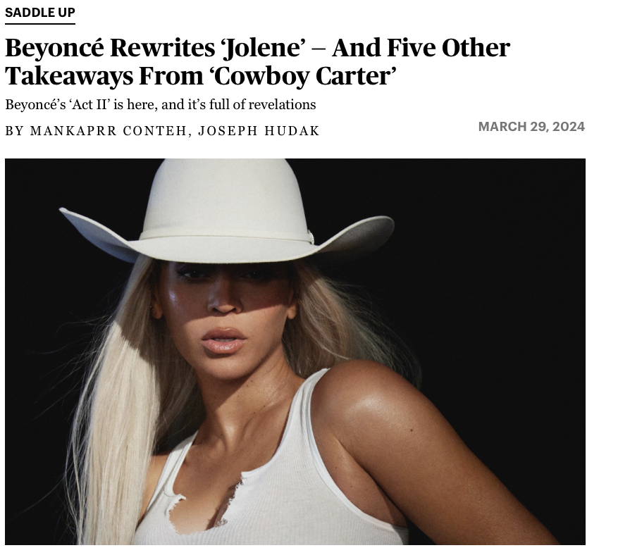 Wrote about the Nigerian American country-bender Beyoncé tapped (at least) twice on 'Cowboy Carter,' her history with Miley Cyrus and her choice words on her Grammy losses for in this album primer for @RollingStone w/ @josephhudak3!