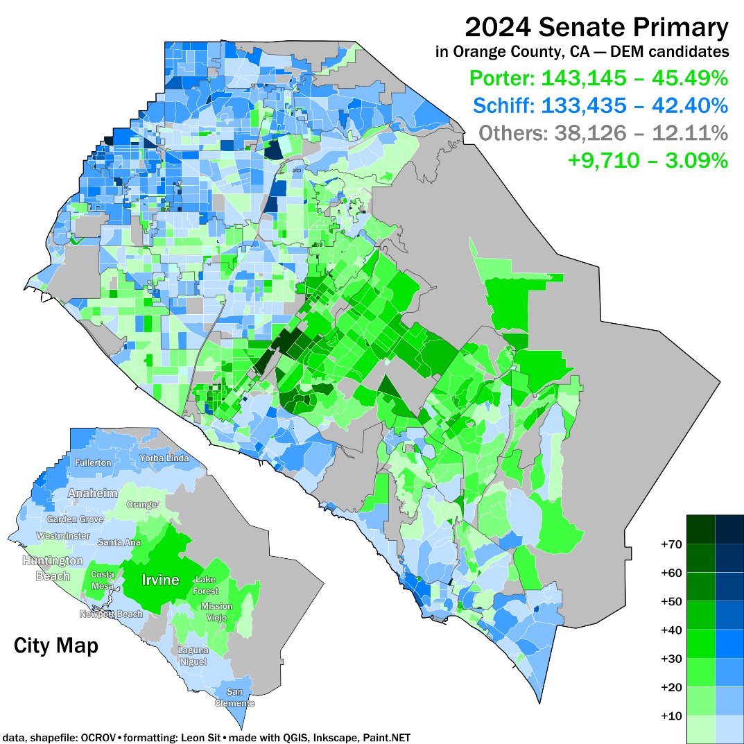 On the Democratic side, Irvine Rep. Katie Porter earned more votes than Rep. Adam Schiff; OC was the only county where she did so. Her margin was driven by her base: areas which she represented in her three terms in Congress (you can picture the old #CA45 and the current #CA47).