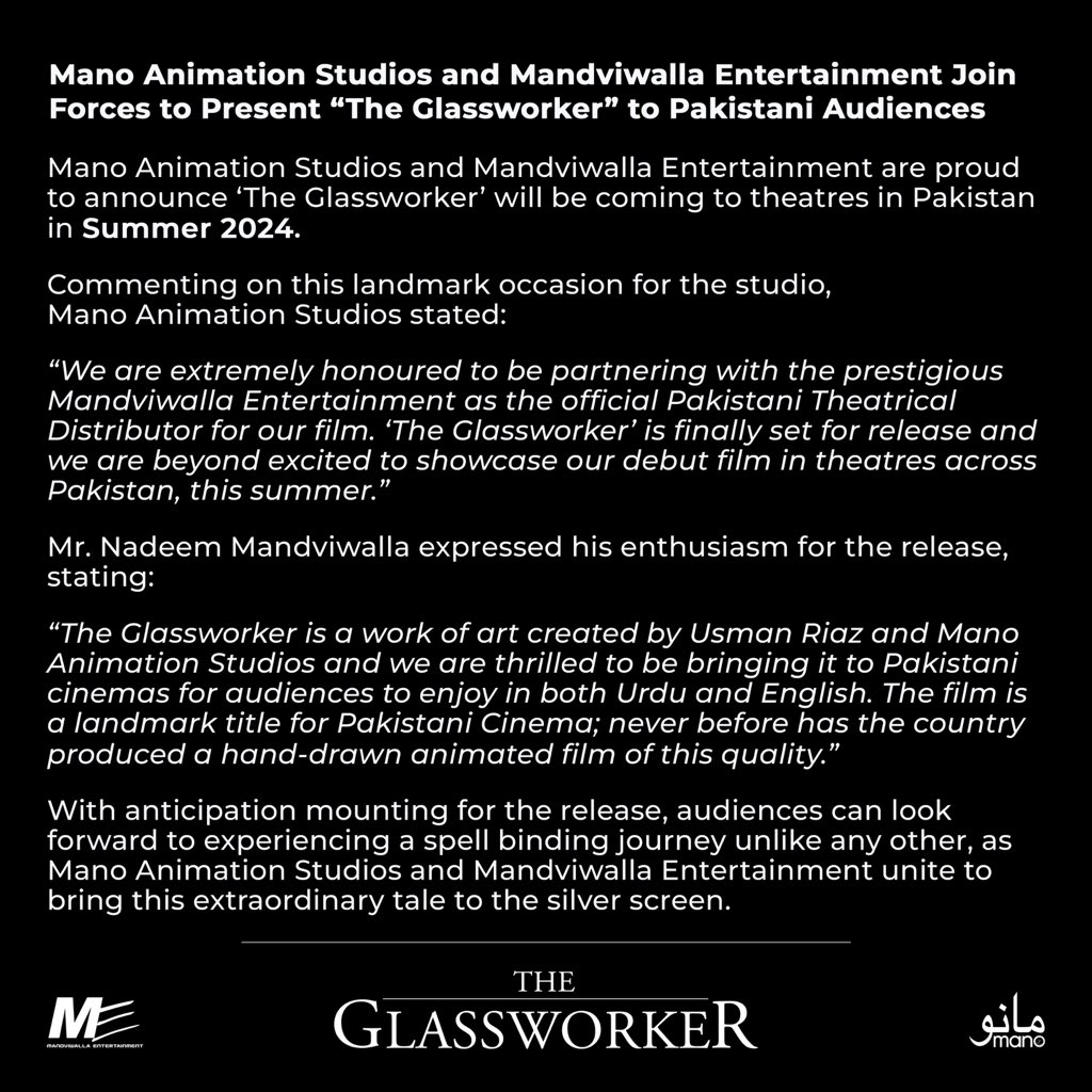 Coming this summer to theaters across Pakistan: 'The Glassworker' by @manostudios . Mandviwalla Entertainment (The Legend of Maula Jatt) signs as Pakistani distributor. 

More announcements coming soon. 

#theglassworker #mano #manoanimationstudios