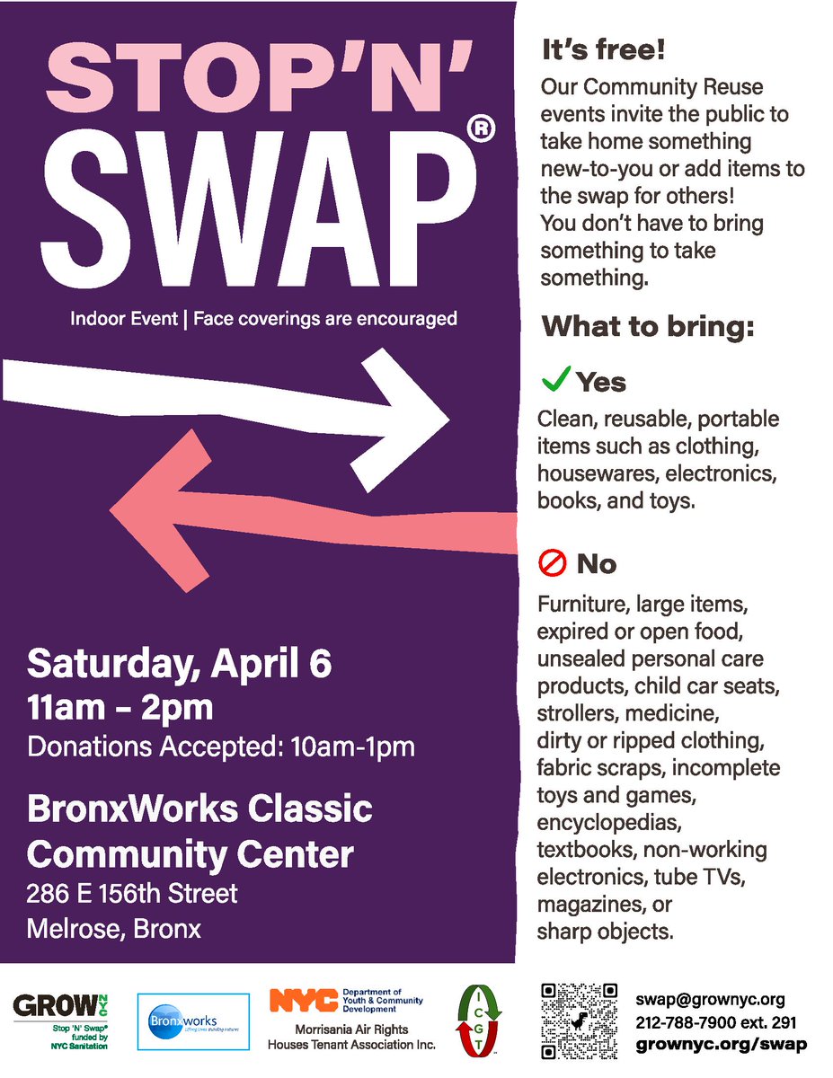 🌟Exciting News! 🌟 Join us for the upcoming GrowNYC Stop ‘N’ Swap event in Melrose, Bronx! 🗓 Date: Saturday, April 6th 📍 Location: BronxWorks Classic Community Center, 286 E 156th Street, Melrose, Bronx ⏰ Time: 11 PM-2 PM (Donations accepted from 10 AM-1 PM) Bring your…