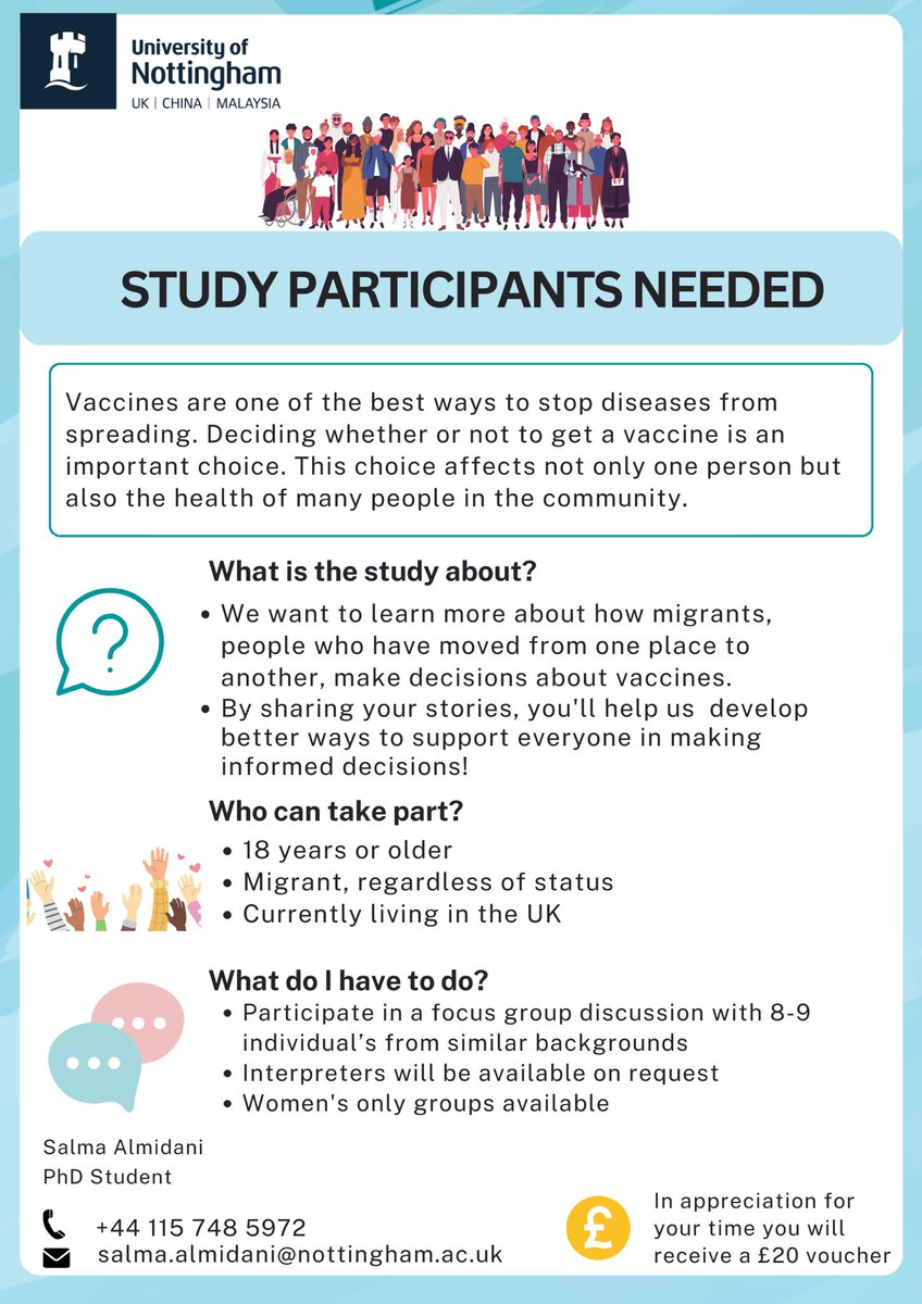 Hello friends! I’m recruiting for my study which aims to understand the process of vaccine decision-making among migrants in the UK. I would appreciate if you could share and disseminate this poster with your networks and anyone you know who meets the study criteria. Thank you!