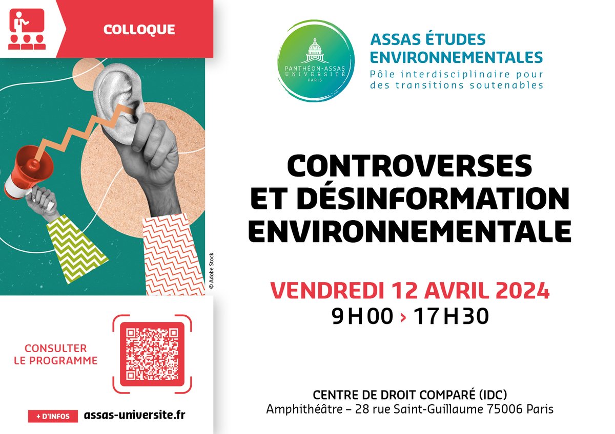 🍃Controverses et désinformation environnementale #ConfAssas #AssasUniv 📣Deuxième édition du colloque annuel du pôle interdisciplinaire Assas Études Environnementales ℹ️ Détails et programme : assas-universite.fr/fr/evenements/…