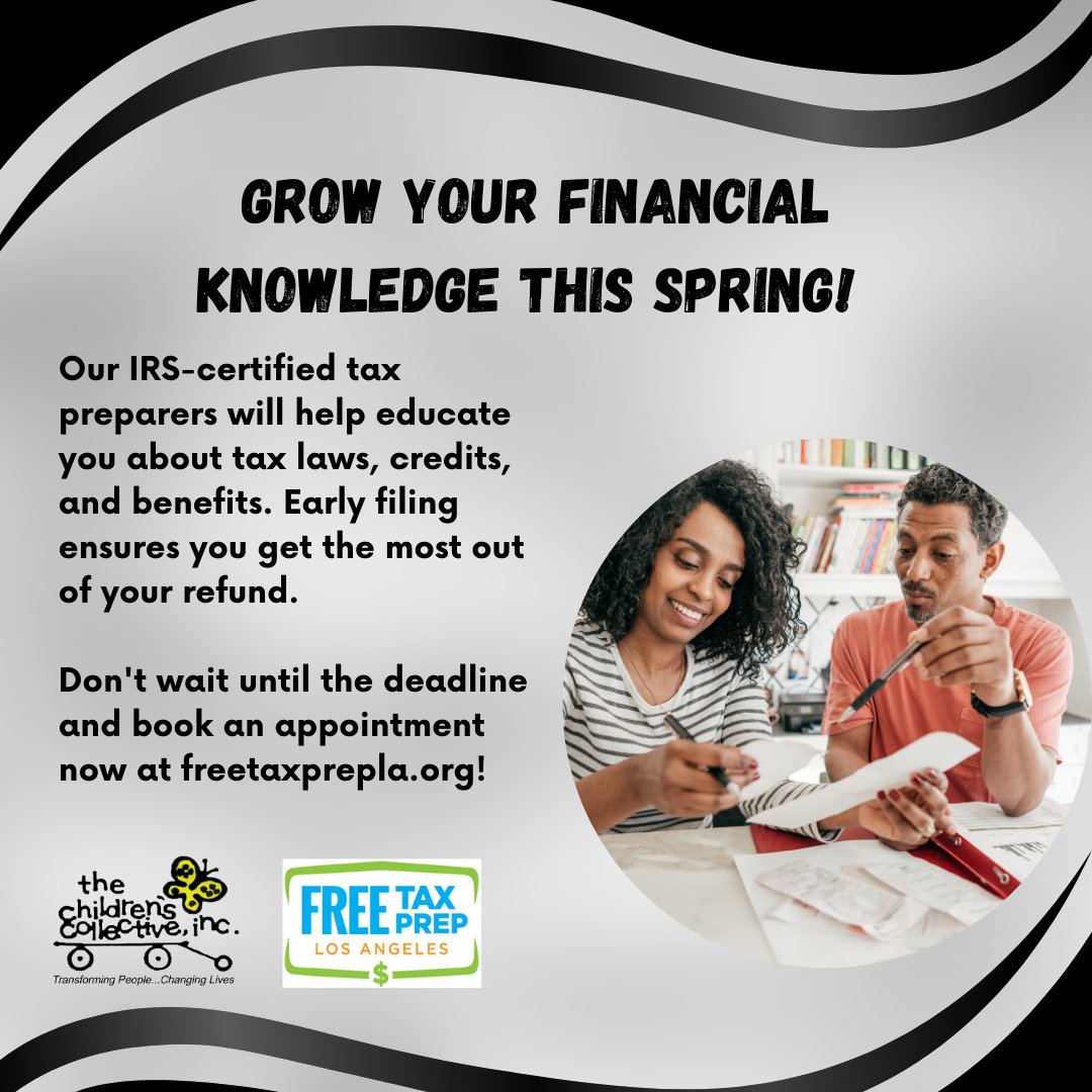 Grow your financial knowledge this spring!

Our IRS-certified tax preparers will help educate you about tax laws, credits, and benefits. Early filing ensures you get the most out of your refund. 

Don't wait until the deadline. Book an appointment now at freetaxprepla.org!