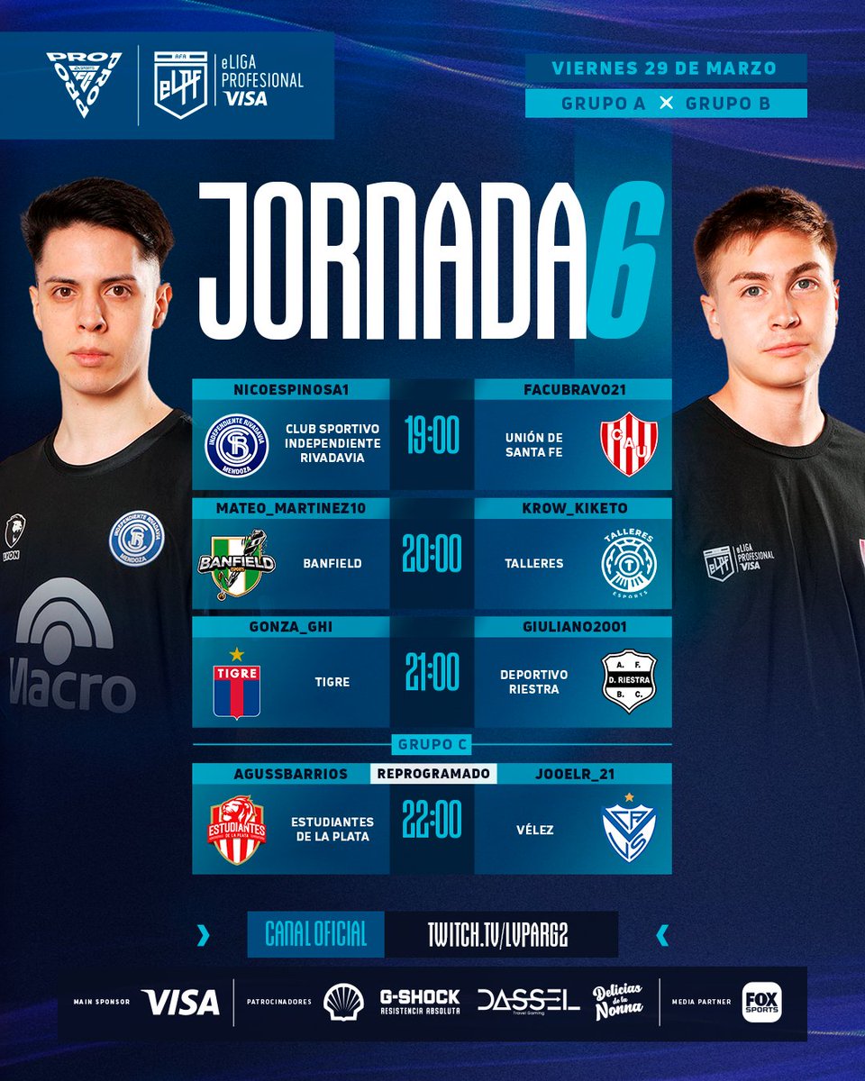 ¡Súmate al canal secundario y no te pierdas ningún partido!🎮

➡️ <a href="/CSIRoficial/">Independiente Rivadavia</a> 🆚 <a href="/CaueSports/">Club Unión eSports</a> 
➡️ <a href="/Banfield_eS/">Banfield Esports</a> 🆚 <a href="/TalleresEsports/">Talleres Esports</a> 
➡️ <a href="/catigreoficial/">Club Atlético Tigre</a> 🆚 <a href="/RiestraES/">Riestra Esports</a> 

PARTIDO REPROGRAMADO (Grupo C)
➡️ @EdelpEsports  🆚 <a href="/Velez/">Vélez Sarsfield</a> 

#eLPFVISA | HOY 19HS⏰|💻Twitch.tv/lvparg2