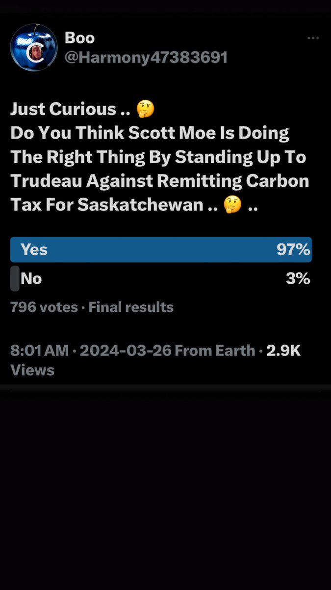 After Seeing Your Post I Decided To Do My Own Poll .. 
#VoteScottMoe2024 
#SaskPartyForTheWin 
#AxeTheTax 
#AxeTheLiberals