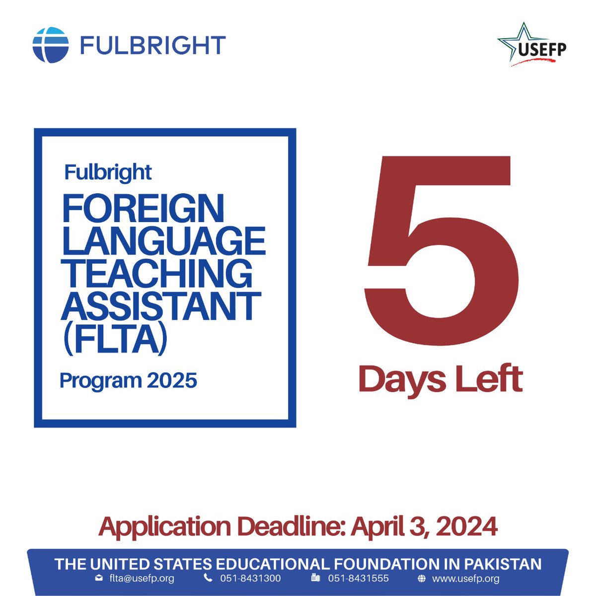 Mark your calendars for the upcoming deadline! The 2025 Fulbright FLTA Program application closes on April 3. To apply, visit usefp.org/scholarships/f… For queries, please email us at flta@usefp.org #USEFP #Fulbright #FLTA #USPAK #Scholarship