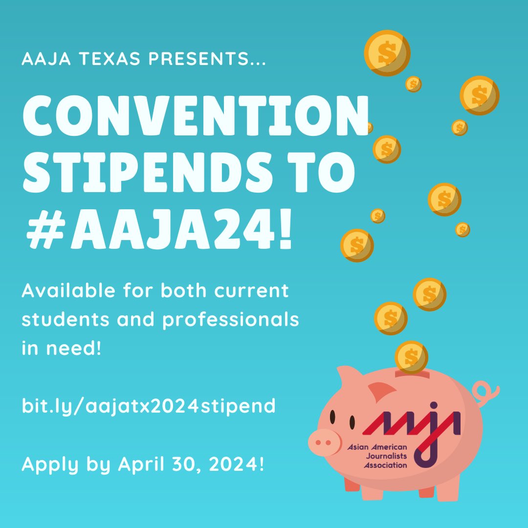 Concerned with the costs of #AAJA24 in Austin? We’re here to help! CONVENTION STIPENDS, Y’ALL!! 💰🙂

This year, we have allocated funds for both current students and professionals in need.

Apply by April 30!! ➡️ bit.ly/aajatx2024stip…

@aajaofficial #AAJA #financialaid #Texas