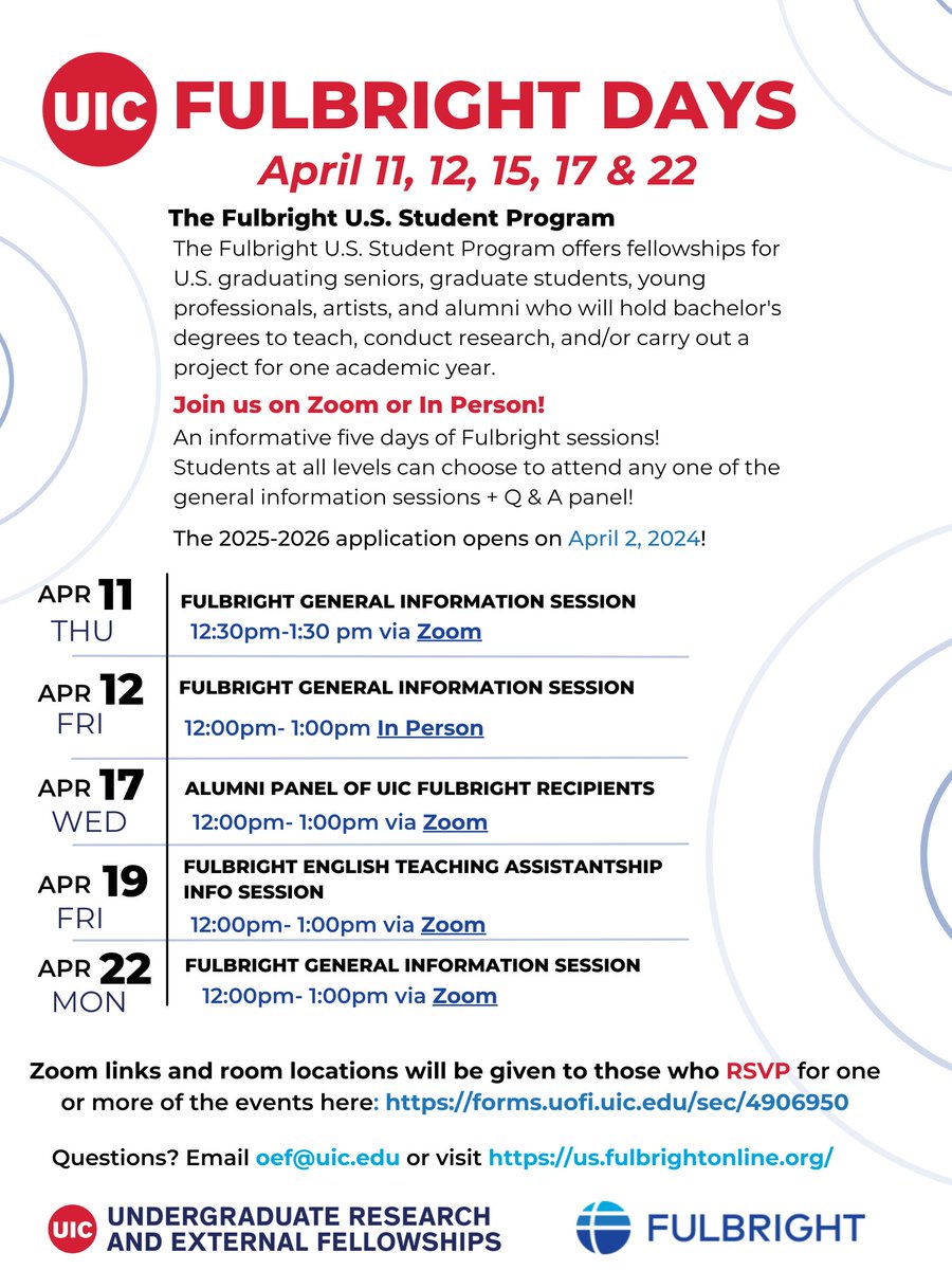 ✨It’s FULBRIGHT launch season at UIC! ✨We’re holding multiple info sessions in April so you can learn more about this exciting opportunity! Students at ALL levels are welcome to attend. For access to Zoom links and room locations, please register for one or more of the events!