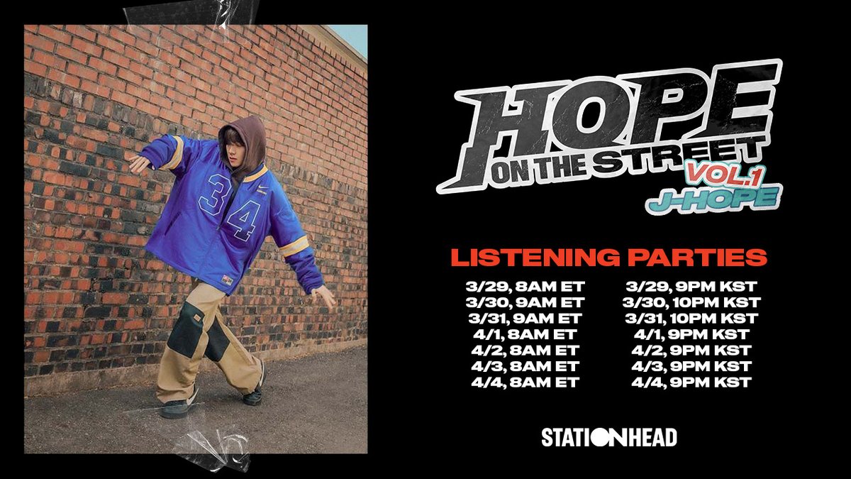 — Durante los próximos días estaremos teniendo listening parties oficiales de 'HOPE ON THE STREET VOL.1' de #JHOPE en StationHead. (stationhead.com/btsofficial) ↓ Horarios #HOPE_ON_THE_STREET_VOL_1