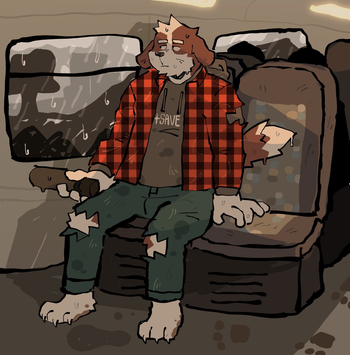 wanted to repost this old drawing of lincoln on the merseyrail train on a rainy day. muddy paws