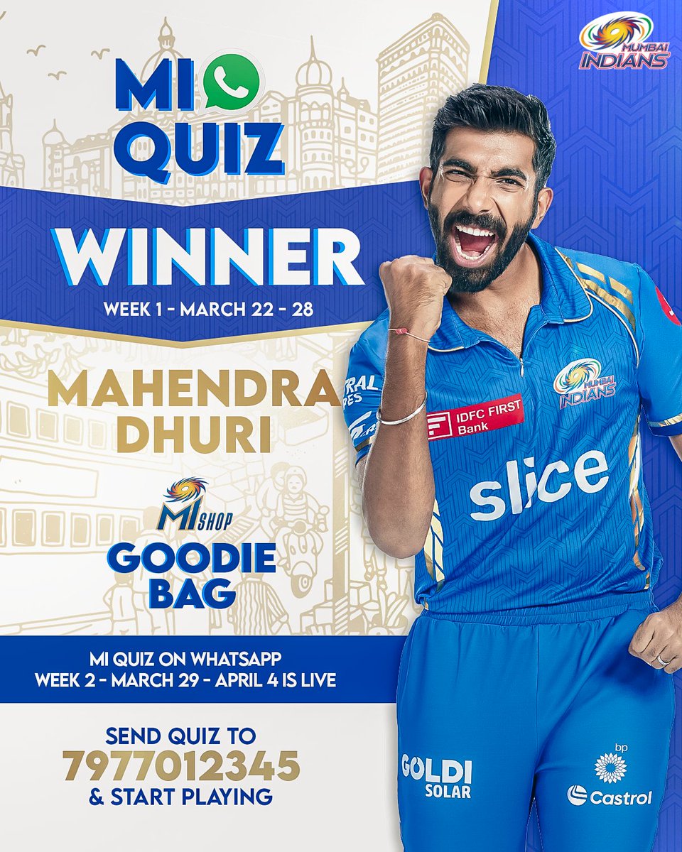 Want to be the next on this list? Head over to 👉 wa.me/917977012345?t… A huge congrats to the Week 1 winner of the MI Quiz - Mahendra Dhuri 💙 #MumbaiMeriJaan #MumbaiIndians