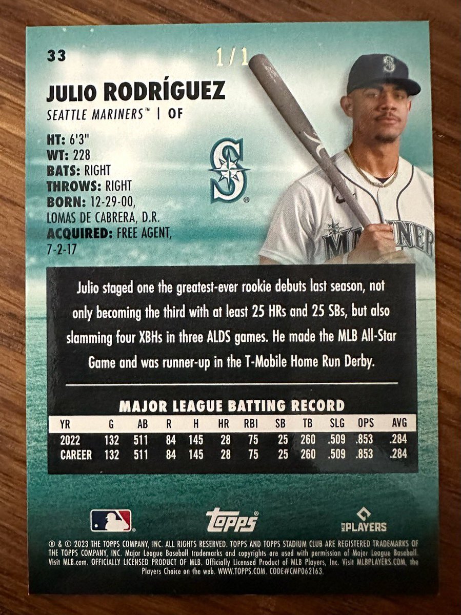 Opening Day hits are the best!

<a href="/topps/">Topps</a> Julio Rodriguez Stadium Club Gold 1/1 from Stadium Club to start of baseball season right!

#topps #stadiumclub #jrod #ripitatcleves