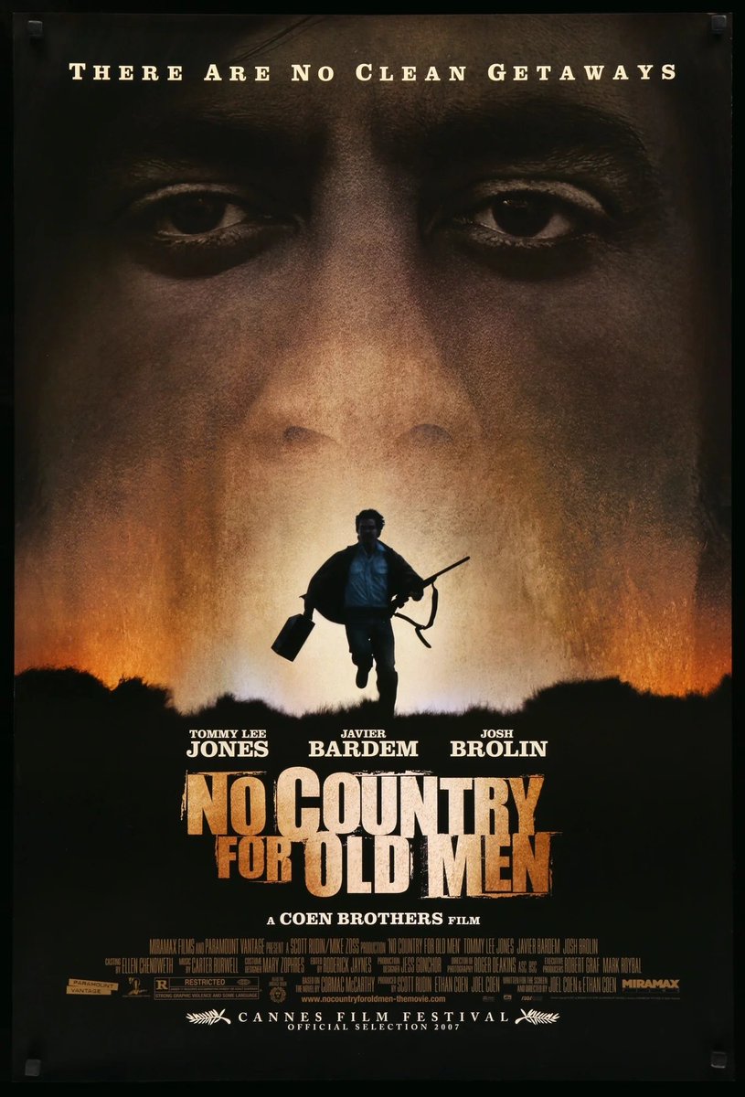 'No Country for Old Men' (2007) is a perfect film. As perfect as a film can be, at least. Despite a modest budget, tight 2hr runtime, and no score it feels heavy, expansive, and complete. I've read more about NCFOM than any other film, here are some things I found interesting: