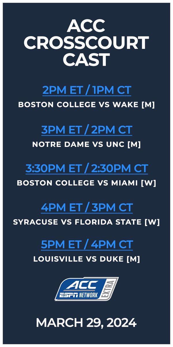 ACC action! Join @AlGruskin for our @CrossCourt_Cast coverage of @theACC tennis conference play on ACCNX via the ESPN app starting at 2pm ET. 📺: espn.com/espnplus/playe… #ACCTennis