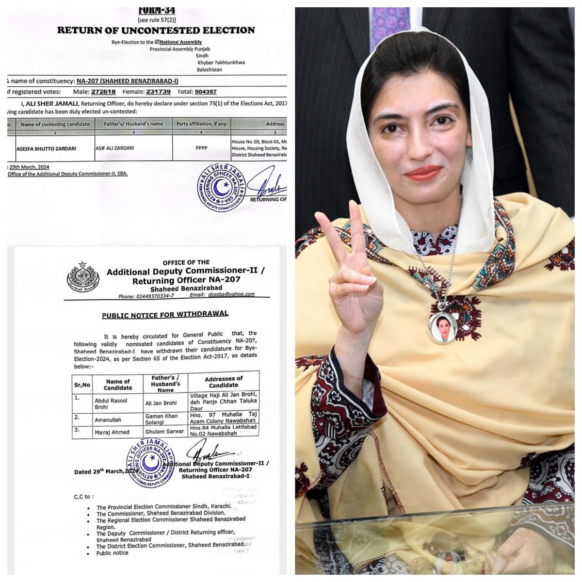 TahirKalwer's tweet photo. Congratulations
G. A Bhutto
الحمداللہ
Bibi Aseefa Bhutto Zardari is officially declared uncontested/unopposed for NA 207 Nawabshah-I.
بی بی کی تصویر اصف کی نظر بلاول کی پہچان بی بی اصفہ بے نظیر زندہ باد https://t.co/ci1N3lxLug