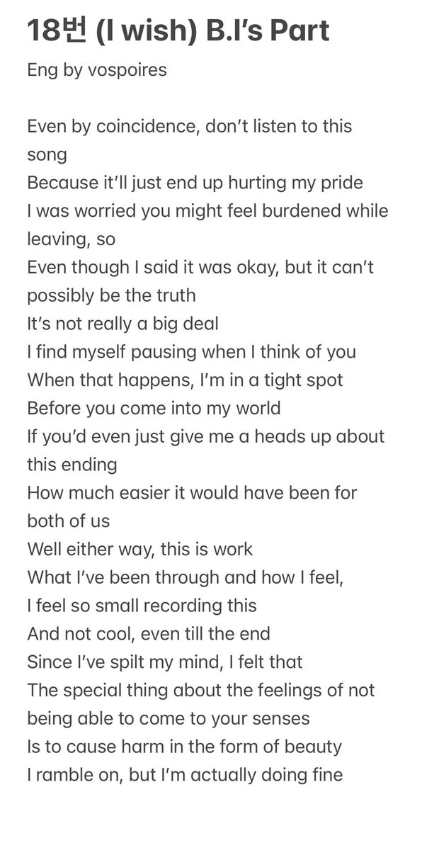 vospoires's tweet photo. TOIL - 18번 (I WISH) (Feat. Leellamarz, B.I)

Hanbin’s part eng https://t.co/y6gimKiqAo