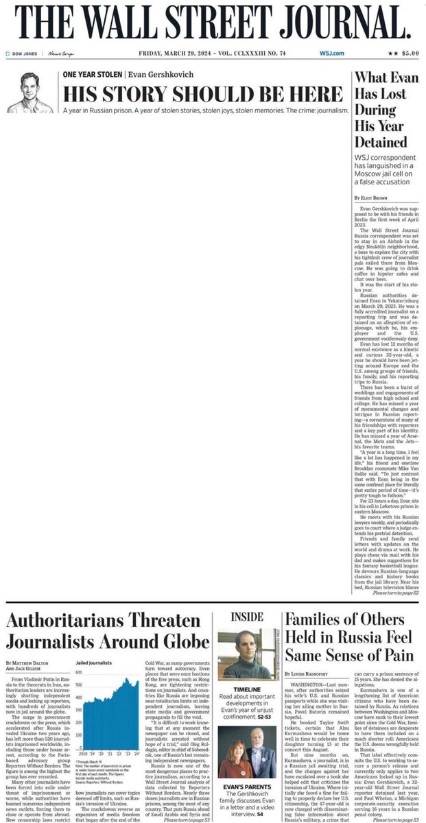 Today’s @WSJ front page with a gaping blank hole to mark 1 year of Evan Gershkovich’s detention in Russia. “His Story Should be Here”