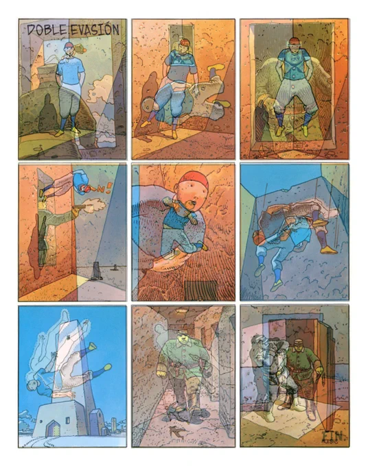 both pages of 'doble evasion' by moebius overlayed 
