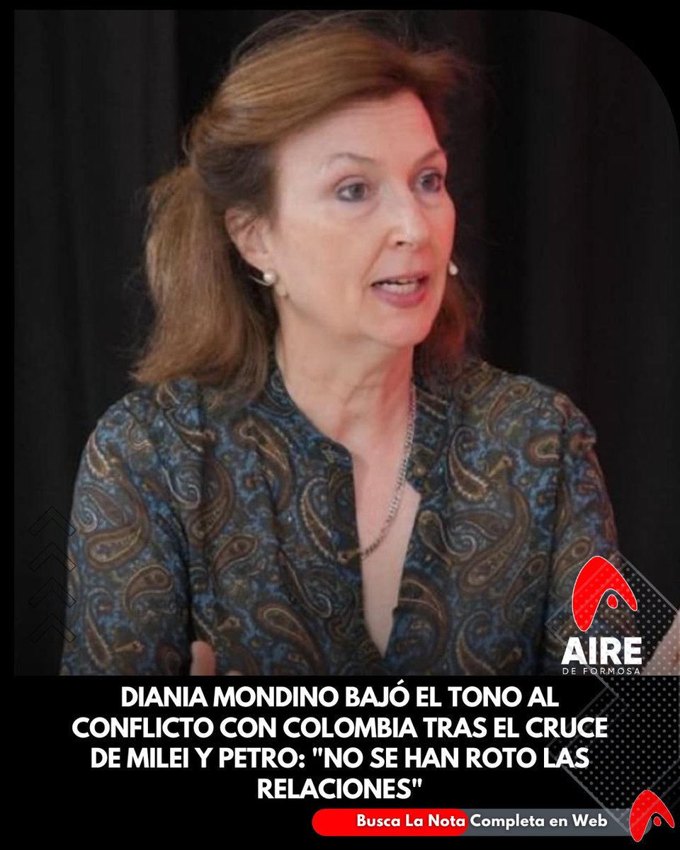 ⭕️La canciller Diana Mondino decidió bajarle el tono al conflicto que se había desatado entre Argentina y Colombia a partir del intercambio entre los presidentes Javier Milei y Gustavo Petro.

💬“La decisión de cada país y los dichos de cada presidente son propias…