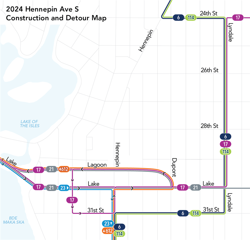 REMINDER! The Hennepin Ave. S Reconstruction Project will require Routes 6, 17, 23, 114 & 612 to detour through Uptown. Review this map for detour routing for these routes. Detours begin Monday, April 1. More at metrotransit.org/hennepin-const…