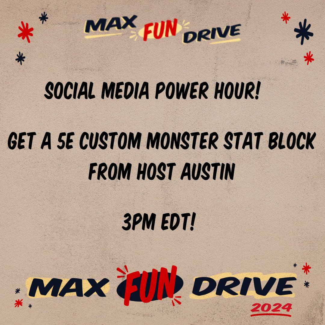 Final Day of #maxfundrive and we’re at 228 new/upgraded supporters, can we make it to 300 before end of day? Well we think so! Join us across socials for a POWER HOUR! From 3-4pm EDT if you become a supporting member Host Austin will make you a custom 5e monster stat block 🧵⬇️